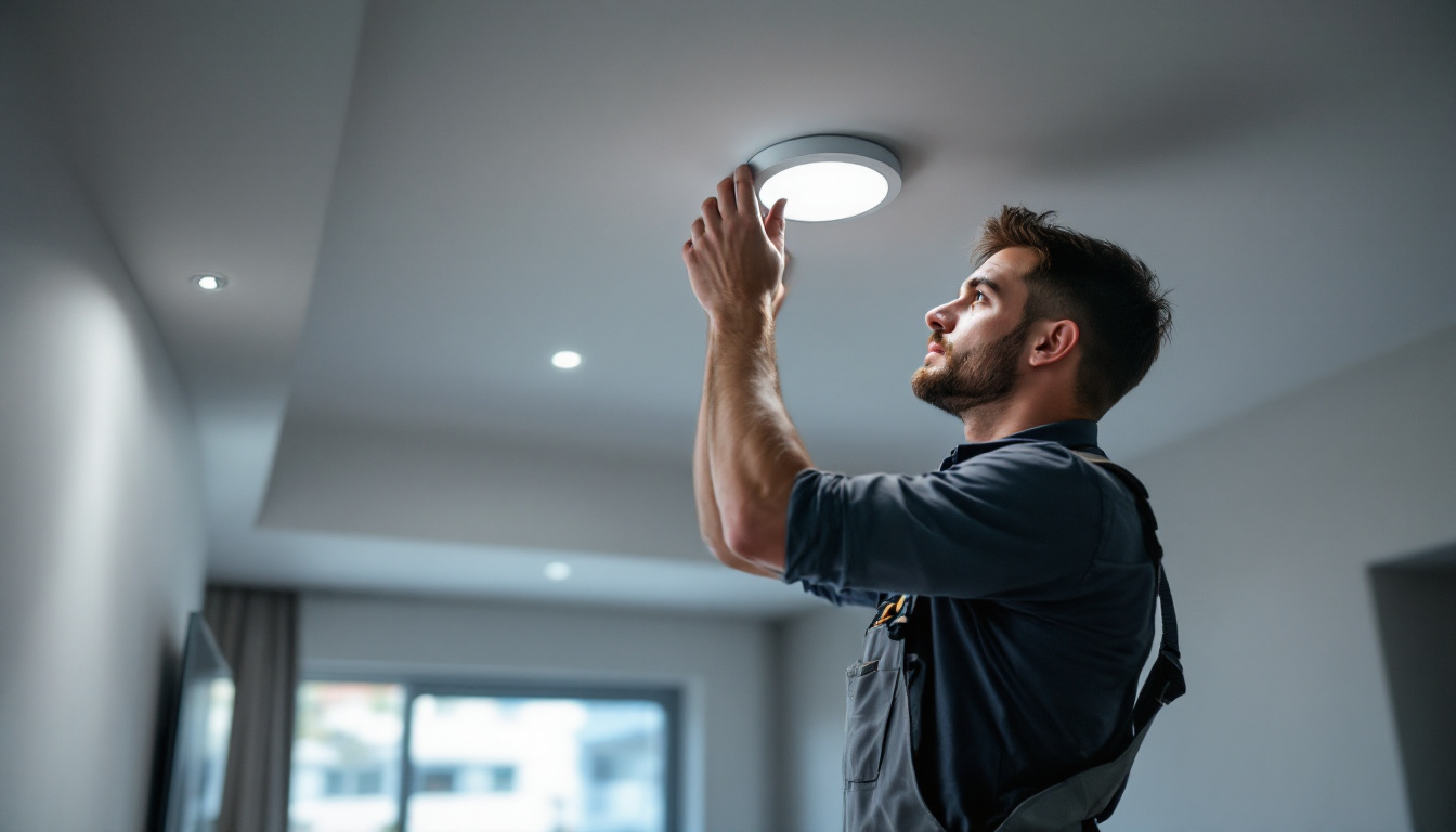 A photograph of a skilled lighting contractor installing recessed fixtures in a modern home