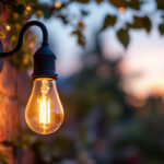 A photograph of a close-up shot of an outdoor light bulb socket installed in a beautifully landscaped garden setting