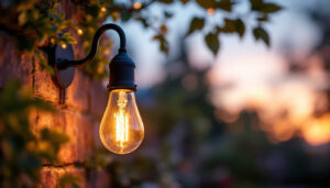 A photograph of a close-up shot of an outdoor light bulb socket installed in a beautifully landscaped garden setting