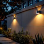 A photograph of a beautifully illuminated outdoor wall featuring stylish solar lights in a residential setting