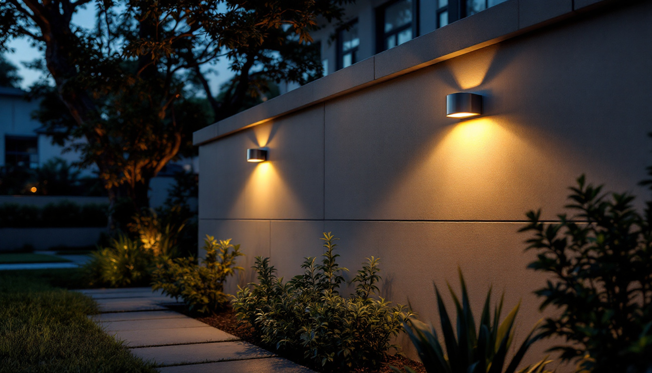 A photograph of a beautifully illuminated outdoor wall featuring stylish solar lights in a residential setting