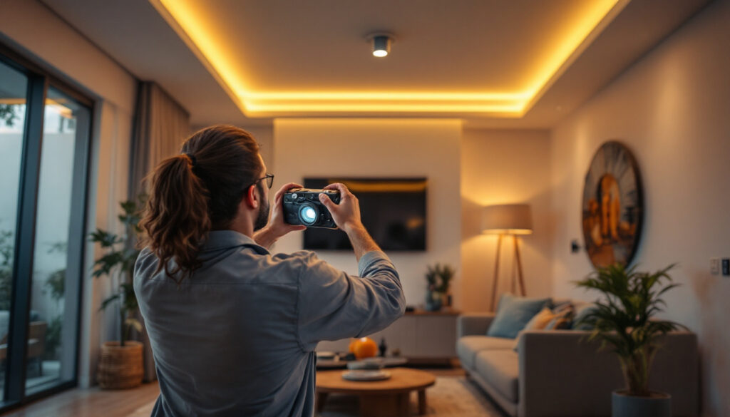 A photograph of a skilled lighting contractor installing retrofit led lights in a modern residential space