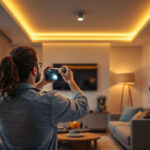 A photograph of a skilled lighting contractor installing retrofit led lights in a modern residential space