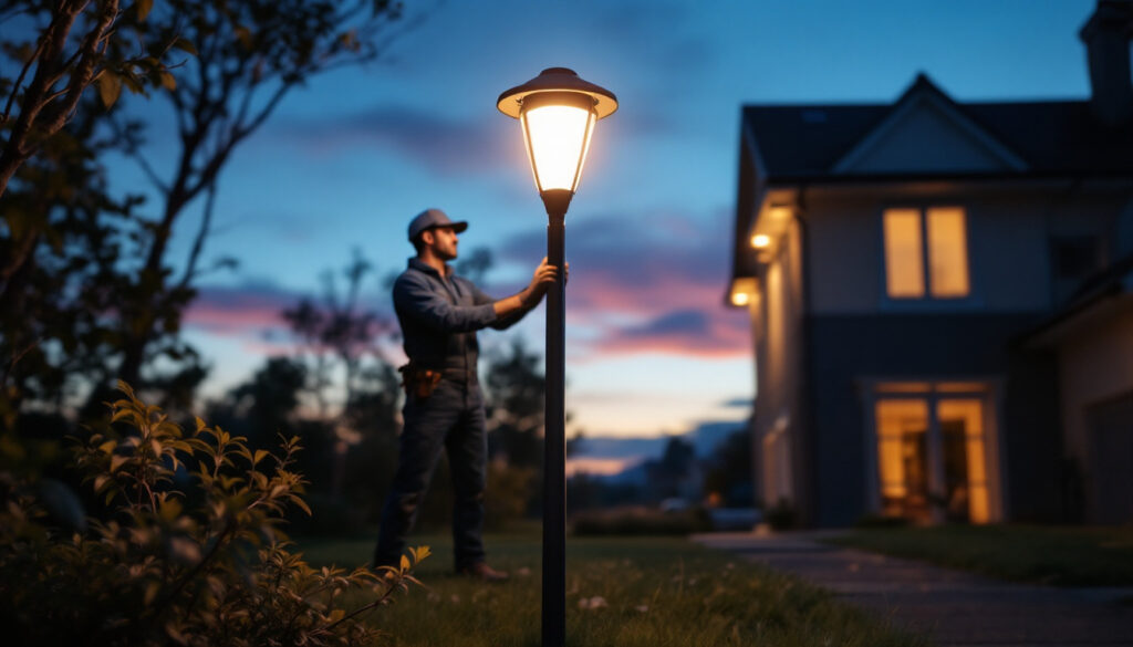 A photograph of a solar lamp post illuminated at dusk