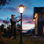 A photograph of a solar lamp post illuminated at dusk