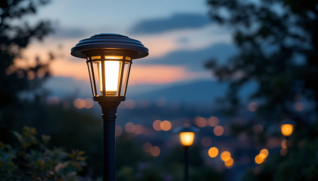 A photograph of a solar pole lantern illuminated at dusk in an outdoor setting