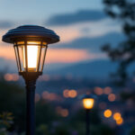 A photograph of a solar pole lantern illuminated at dusk in an outdoor setting