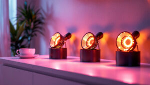 A photograph of a beautifully lit modern interior showcasing four stylish led pot lights in action