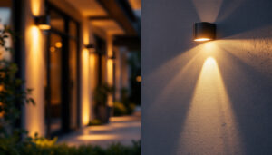 A photograph of a well-lit outdoor space featuring a wall pack light in action