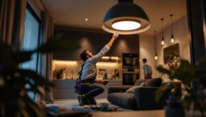 A photograph of a skilled lighting contractor expertly installing flush mount led lights in a modern home setting