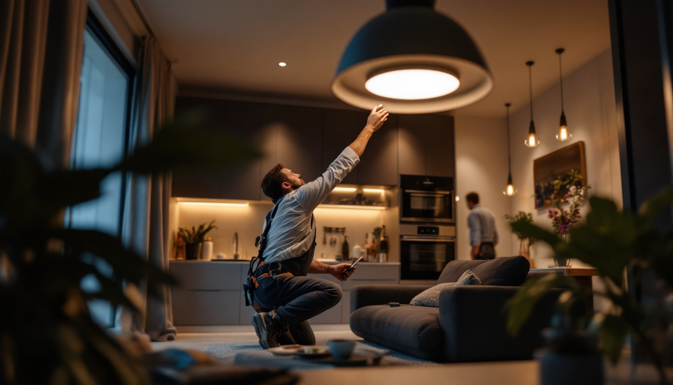 A photograph of a skilled lighting contractor expertly installing flush mount led lights in a modern home setting