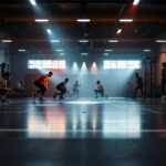 A photograph of a well-lit gymnasium showcasing a variety of smart lighting solutions in action