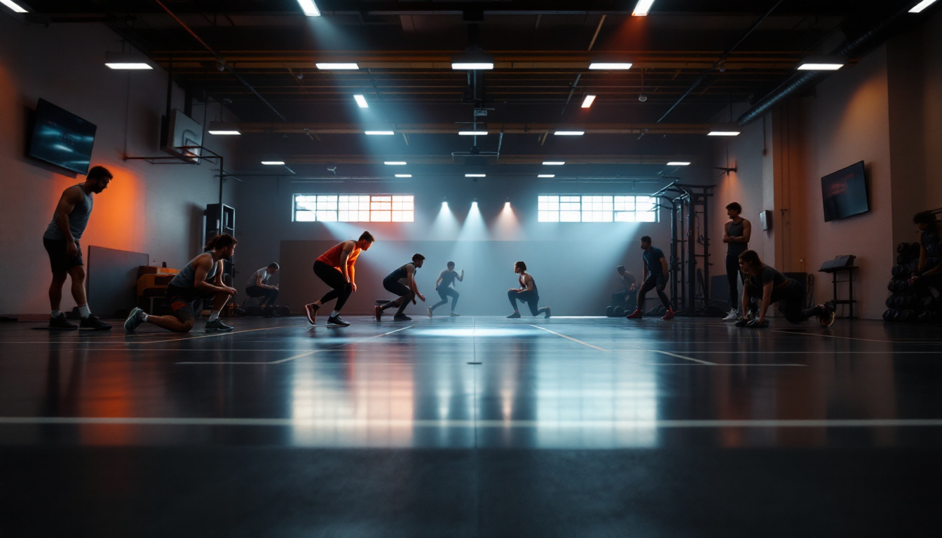 A photograph of a well-lit gymnasium showcasing a variety of smart lighting solutions in action