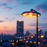 A photograph of a modern street light lamp post illuminated at dusk
