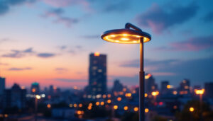 A photograph of a modern street light lamp post illuminated at dusk