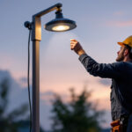 A photograph of a lighting contractor installing a large solar lamp in an outdoor setting