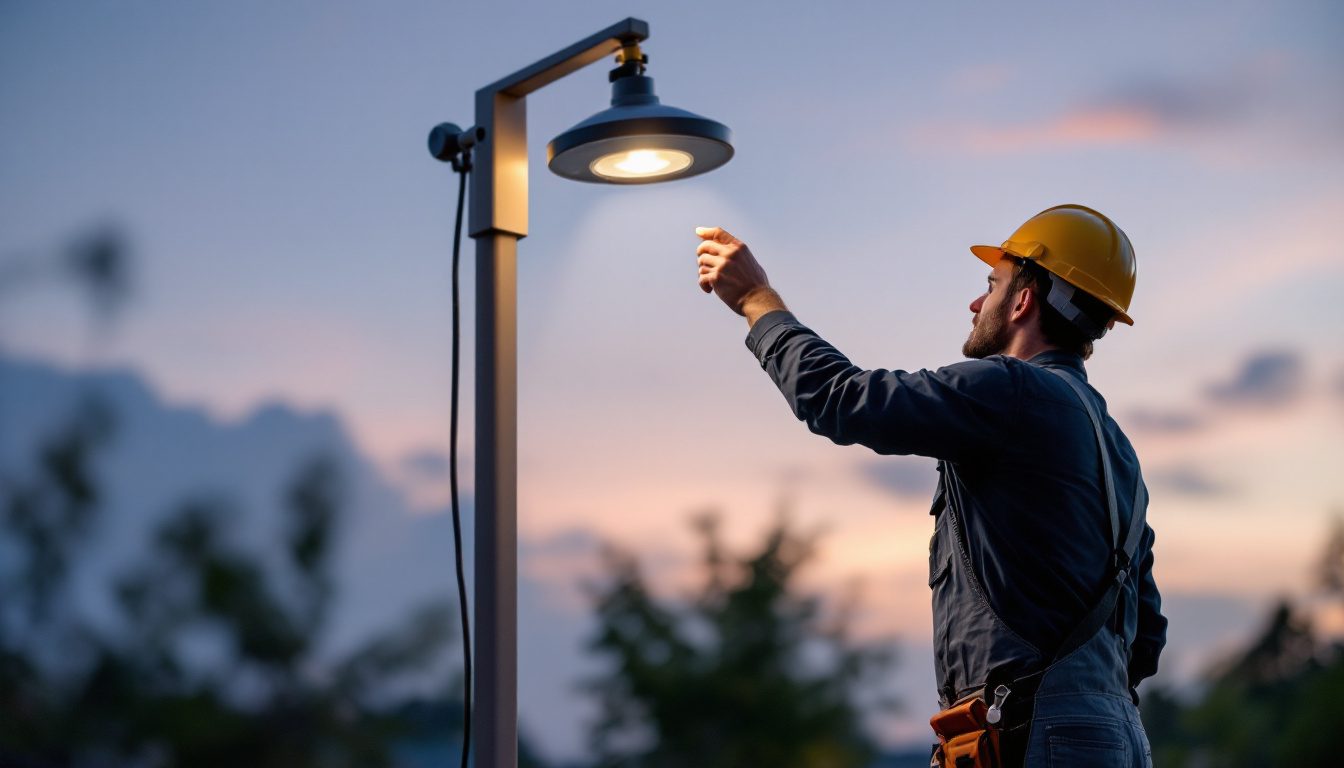 A photograph of a lighting contractor installing a large solar lamp in an outdoor setting