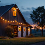 A photograph of a beautifully lit outdoor barn scene at dusk