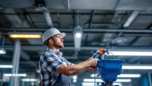 A photograph of a lighting contractor installing t12 to led bulbs in a commercial setting