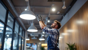 A photograph of a lighting contractor installing recessed led light fixtures in a modern commercial space