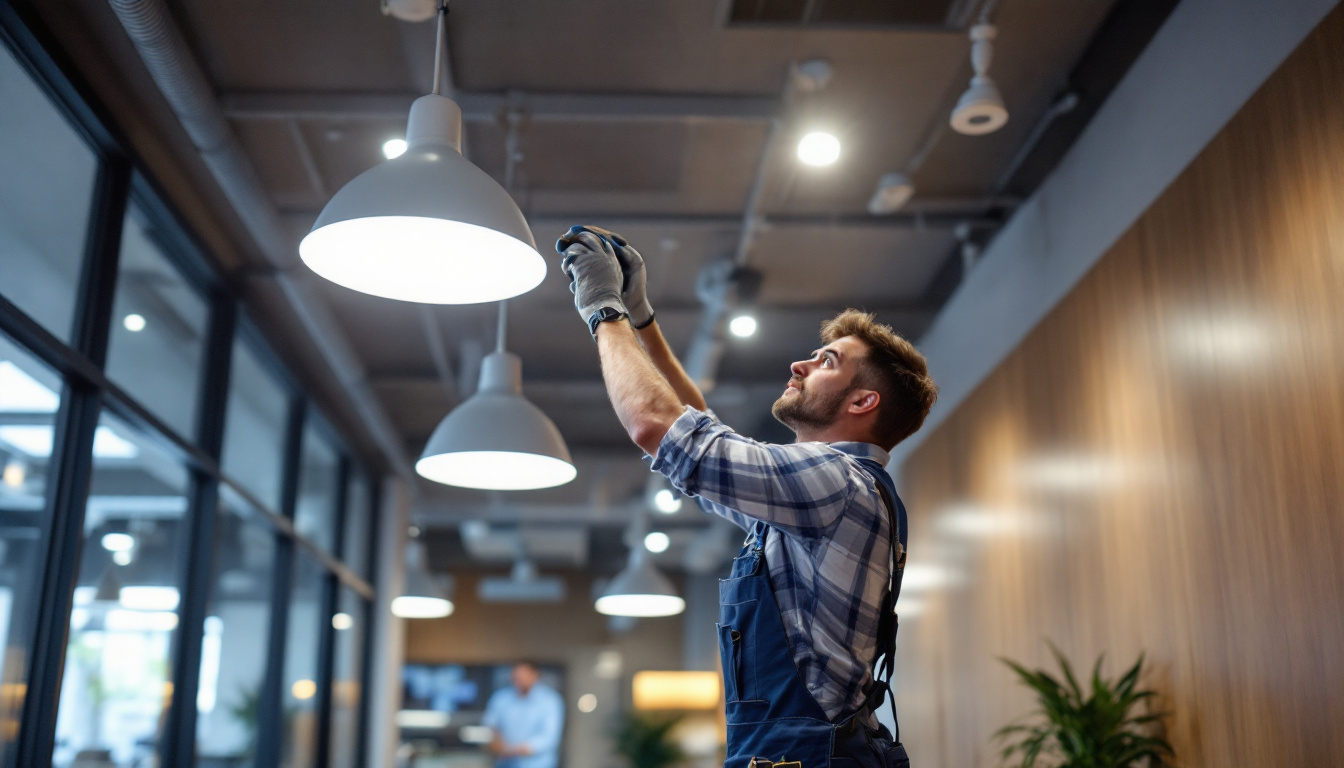 A photograph of a lighting contractor installing recessed led light fixtures in a modern commercial space