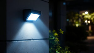 A photograph of a well-lit outdoor scene featuring a motion security light in action