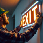 A photograph of a lighting contractor installing an led exit sign in a commercial building