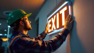 A photograph of a lighting contractor installing an led exit sign in a commercial building