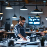 A photograph of a lighting contractor evaluating various lighting options