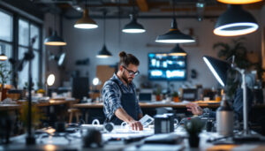 A photograph of a lighting contractor evaluating various lighting options