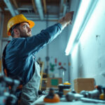 A photograph of a well-lit workspace featuring a contractor installing or replacing 4 ft fluorescent light bulbs