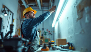 A photograph of a well-lit workspace featuring a contractor installing or replacing 4 ft fluorescent light bulbs