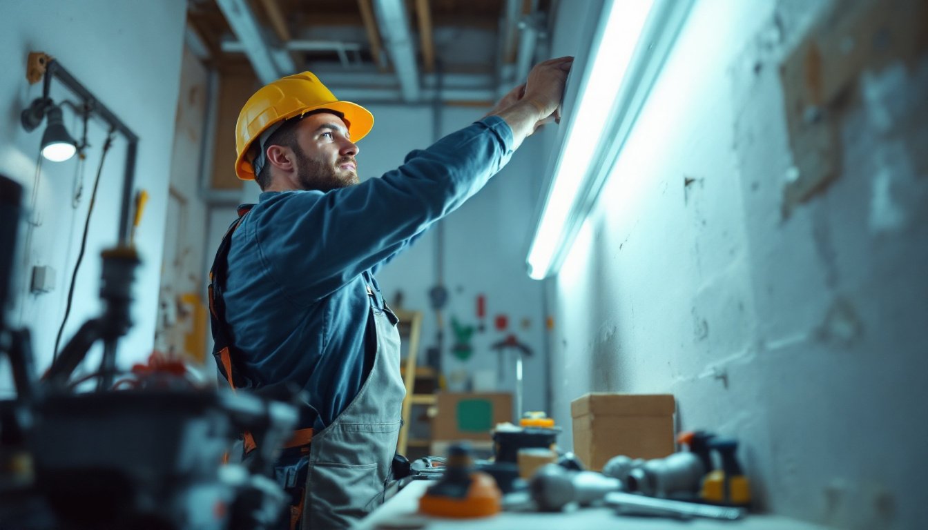 A photograph of a well-lit workspace featuring a contractor installing or replacing 4 ft fluorescent light bulbs