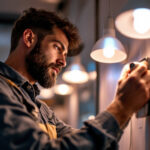 A photograph of a lighting contractor installing modern