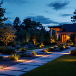 A photograph of a beautifully illuminated outdoor landscape showcasing low voltage led flood lights highlighting garden features