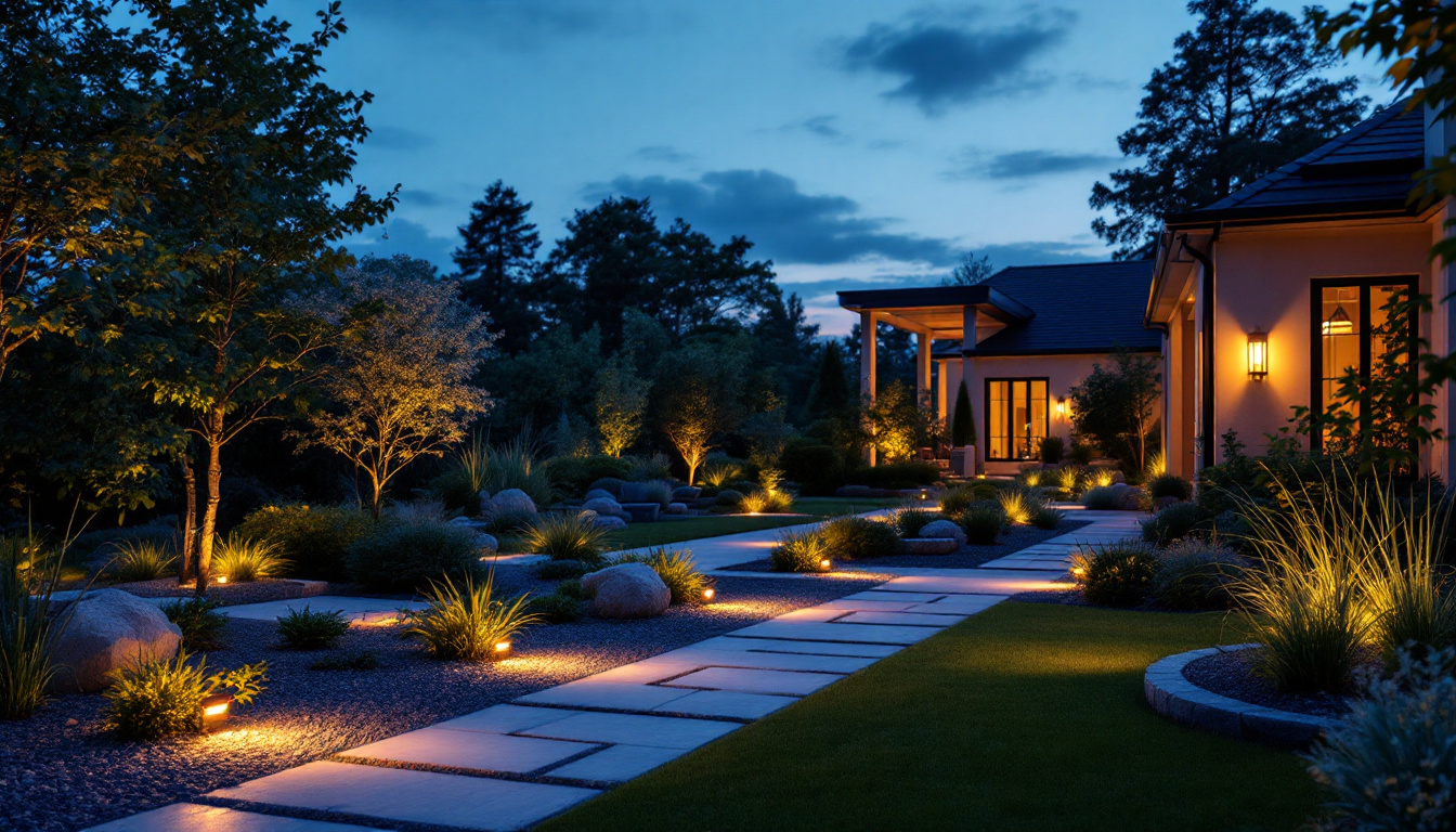 A photograph of a beautifully illuminated outdoor landscape showcasing low voltage led flood lights highlighting garden features