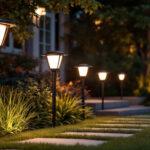 A photograph of a well-lit outdoor setting featuring a variety of stylish led solar lamps in use