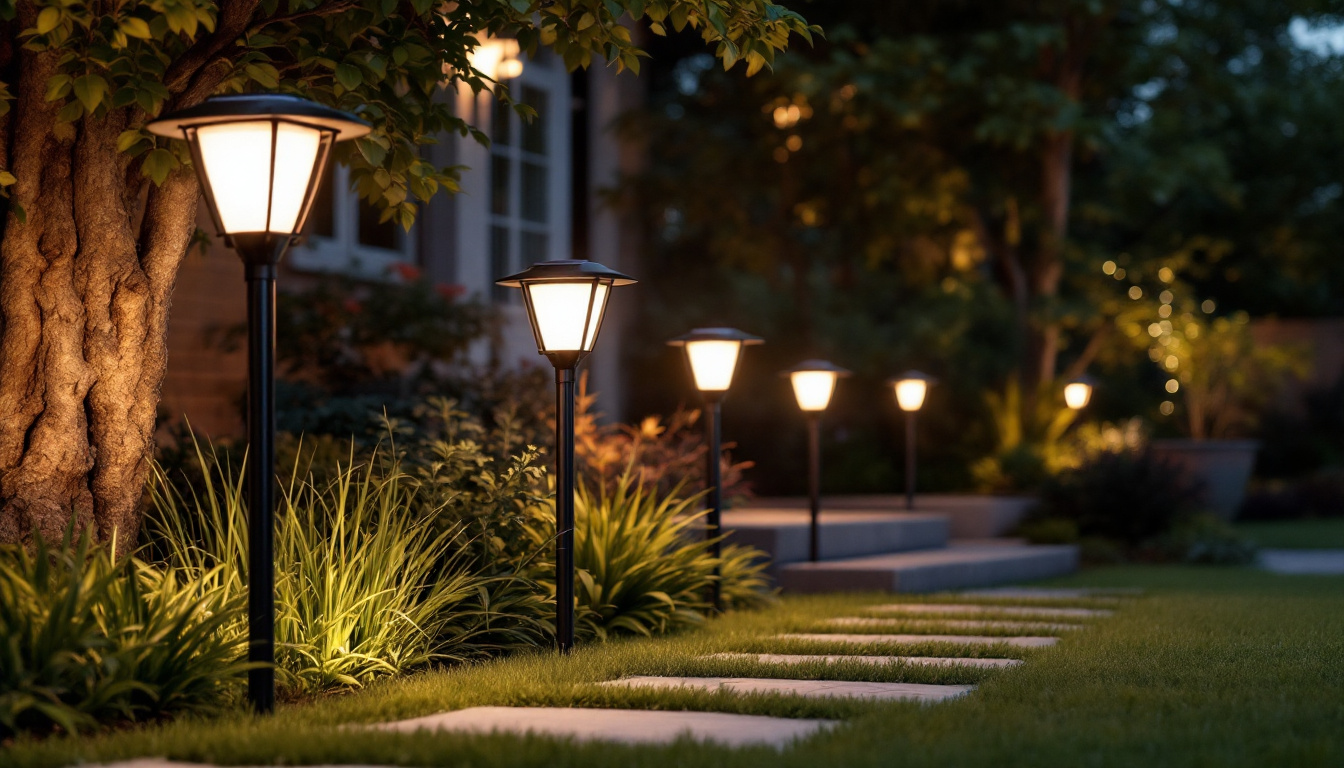 A photograph of a well-lit outdoor setting featuring a variety of stylish led solar lamps in use