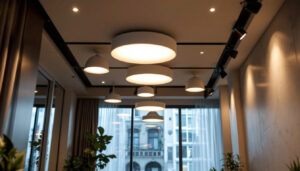 A photograph of a well-lit room showcasing various sizes of recessed lighting fixtures installed in a stylish ceiling