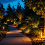 A photograph of a beautifully landscaped outdoor space illuminated by stylish solar landscaping lights at dusk