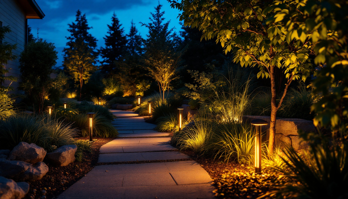 A photograph of a beautifully landscaped outdoor space illuminated by stylish solar landscaping lights at dusk