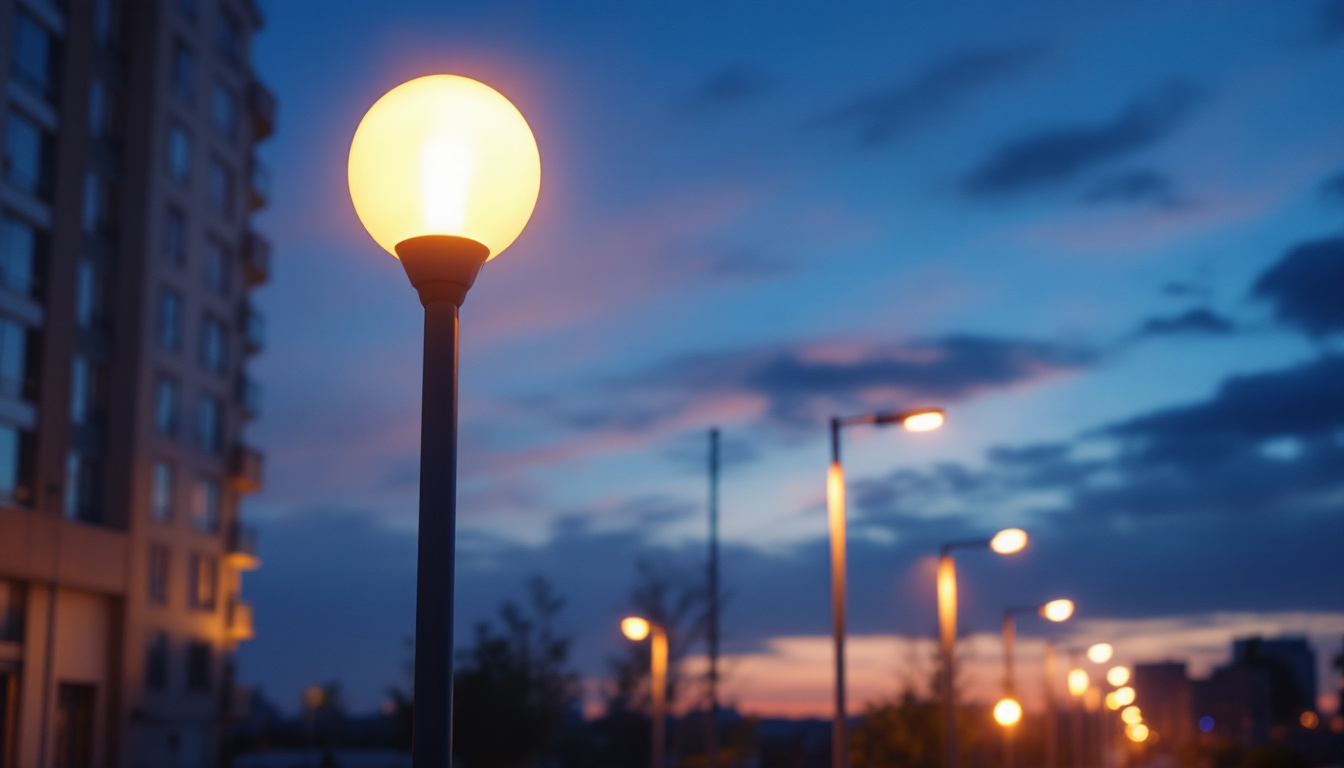 A photograph of a well-lit street scene featuring modern street pole lights