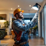 A photograph of a lighting contractor expertly installing keystone led lights in a modern residential setting