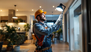 A photograph of a lighting contractor expertly installing keystone led lights in a modern residential setting