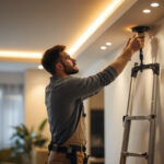 A photograph of a lighting contractor expertly installing indirect lighting in a modern interior space