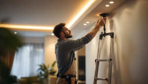 A photograph of a lighting contractor expertly installing indirect lighting in a modern interior space