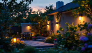 A photograph of a beautifully illuminated outdoor space featuring solar wall lights in action at dusk
