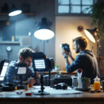 A photograph of a well-lit workspace featuring a variety of led work lights in use