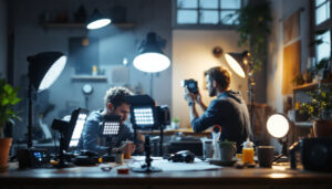 A photograph of a well-lit workspace featuring a variety of led work lights in use