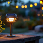A photograph of a small solar lamp illuminating a cozy outdoor setting at dusk